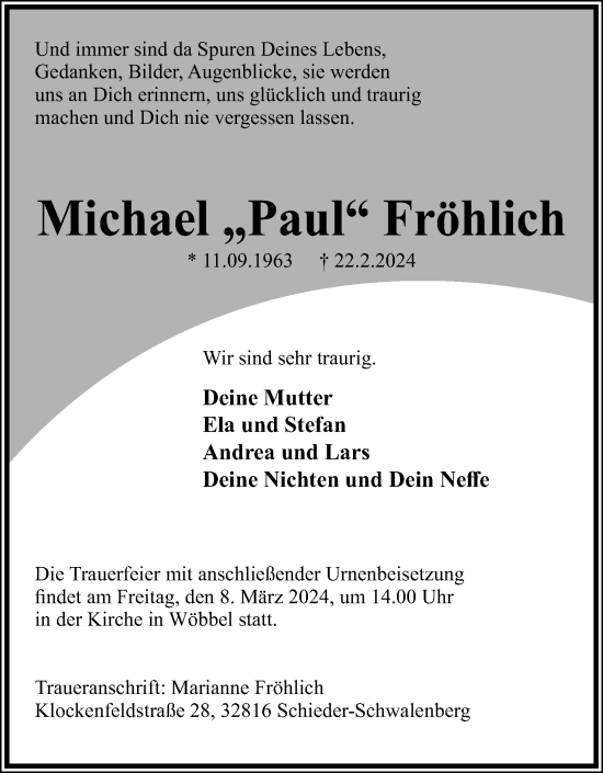 Anzeige  Michael Fröhlich  Lippische Landes-Zeitung