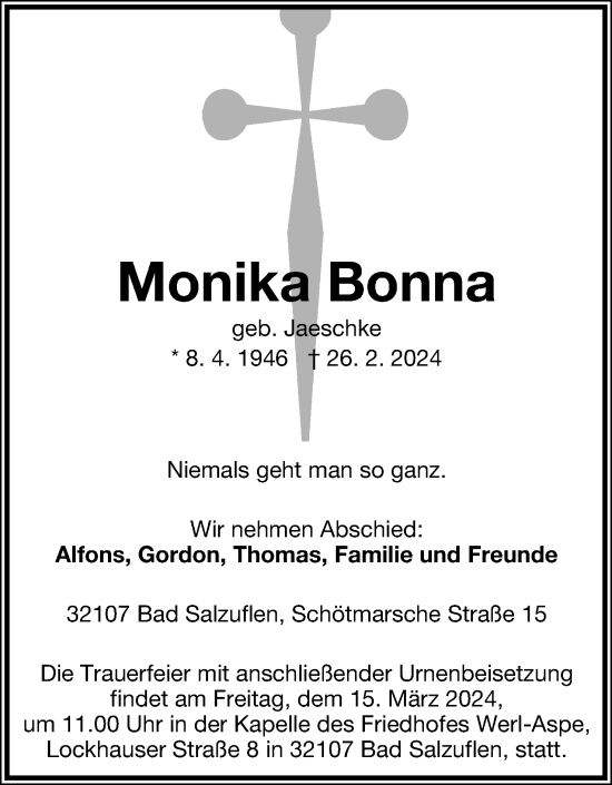 Anzeige  Monika Bonna  Lippische Landes-Zeitung