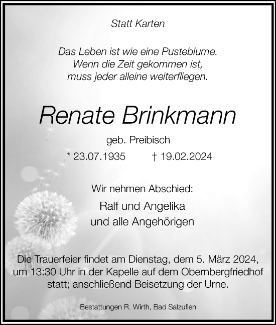 Anzeige  Renate Brinkmann  Lippische Landes-Zeitung