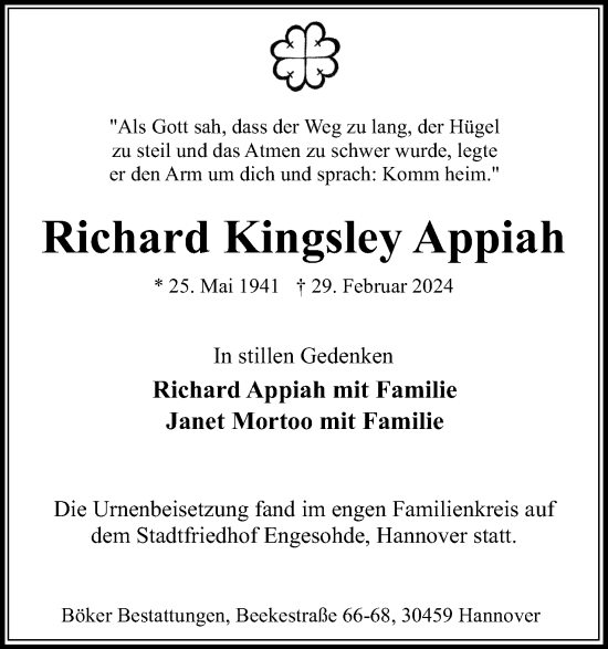 Anzeige  Richard Kingsley Appiah  Lippische Landes-Zeitung