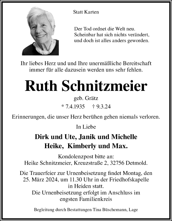 Anzeige  Ruth Schnitzmeier  Lippische Landes-Zeitung