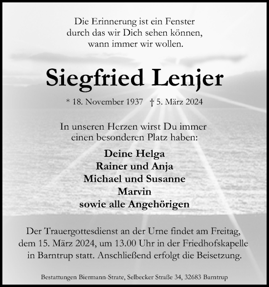 Anzeige  Siegfried Lenjer  Lippische Landes-Zeitung