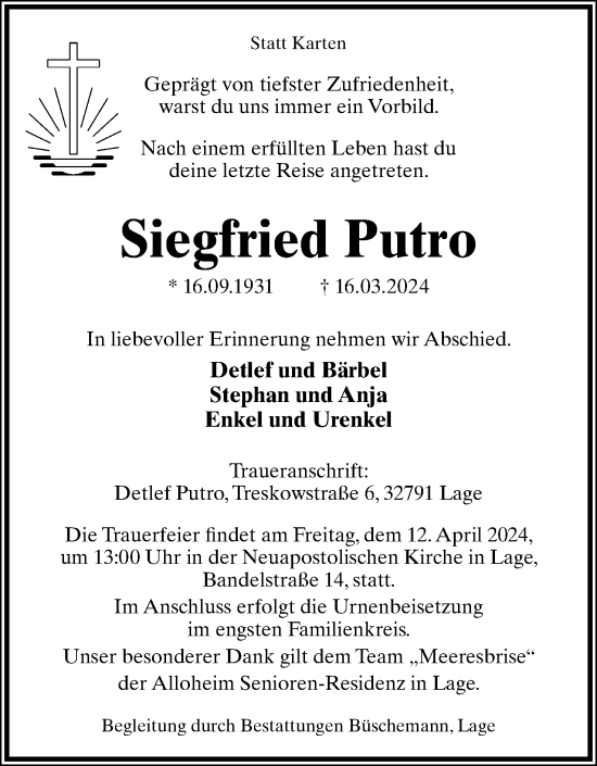 Anzeige  Siegfried Putro  Lippische Landes-Zeitung