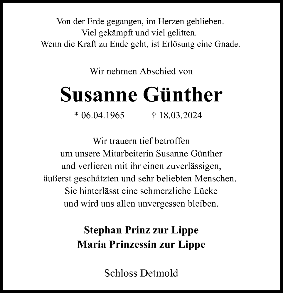  Traueranzeige für Susanne Günther vom 23.03.2024 aus Lippische Landes-Zeitung