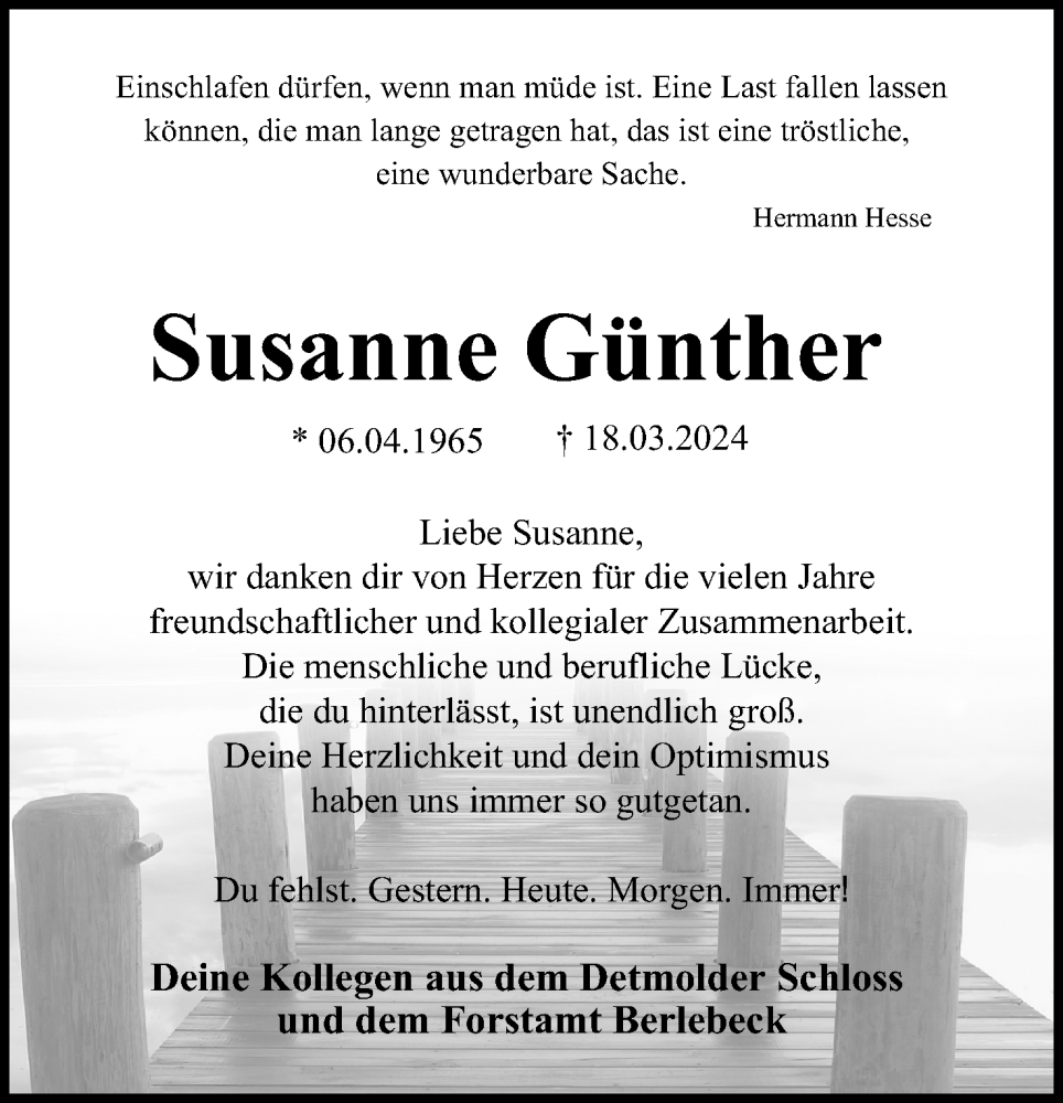  Traueranzeige für Susanne Günther vom 23.03.2024 aus Lippische Landes-Zeitung