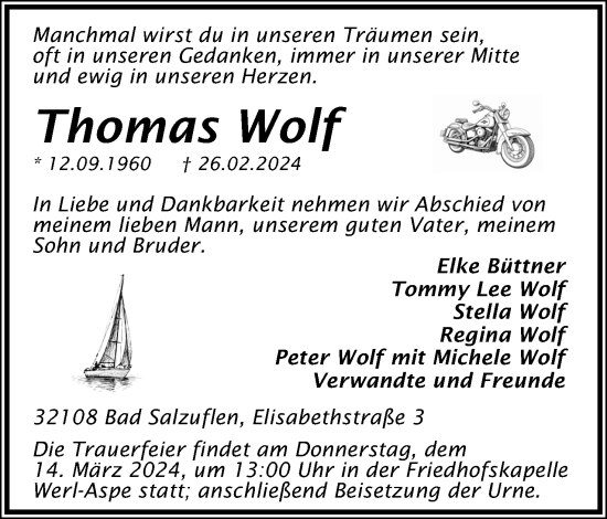 Anzeige  Thomas Wolf  Lippische Landes-Zeitung