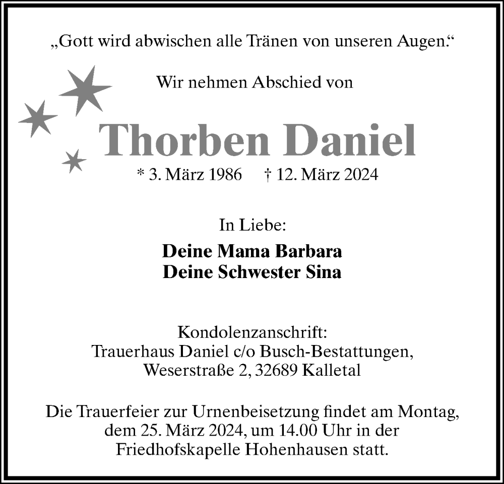  Traueranzeige für Thorben Daniel vom 16.03.2024 aus Lippische Landes-Zeitung