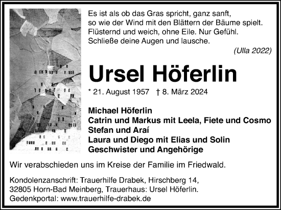 Anzeige  Ursel Höferlin  Lippische Landes-Zeitung