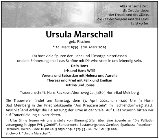 Anzeige  Ursula Marschall  Lippische Landes-Zeitung