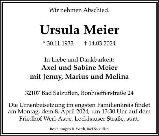Anzeige  Ursula Meier  Lippische Landes-Zeitung