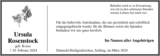 Anzeige  Ursula Rosenstock  Lippische Landes-Zeitung