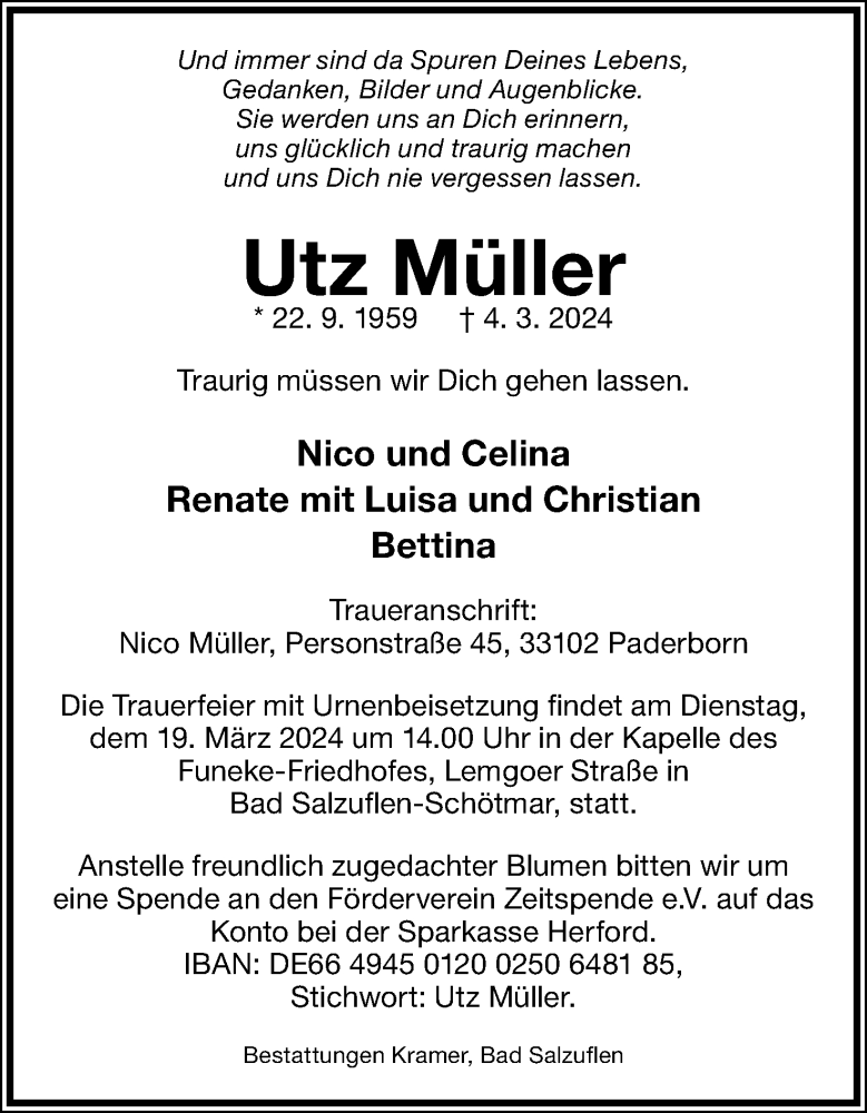  Traueranzeige für Utz Müller vom 09.03.2024 aus Lippische Landes-Zeitung