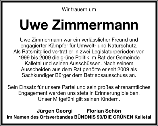 Anzeige  Uwe Zimmermann  Lippische Landes-Zeitung
