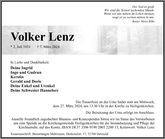 Anzeige  Volker Lenz  Lippische Landes-Zeitung