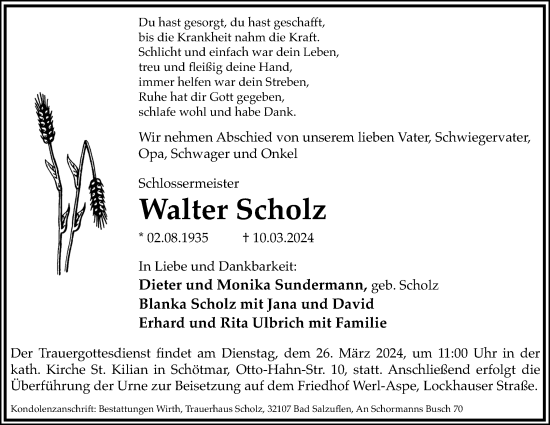 Anzeige  Walter Scholz  Lippische Landes-Zeitung