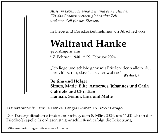 Anzeige  Waltraud Hanke  Lippische Landes-Zeitung