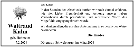 Anzeige  Waltraud Kuhn  Lippische Landes-Zeitung