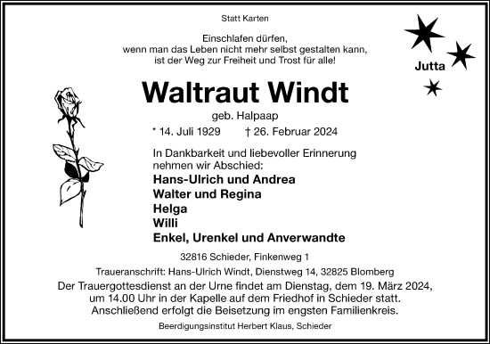 Anzeige  Waltraut Windt  Lippische Landes-Zeitung