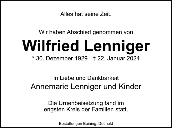 Anzeige  Wilfried Lenniger  Lippische Landes-Zeitung