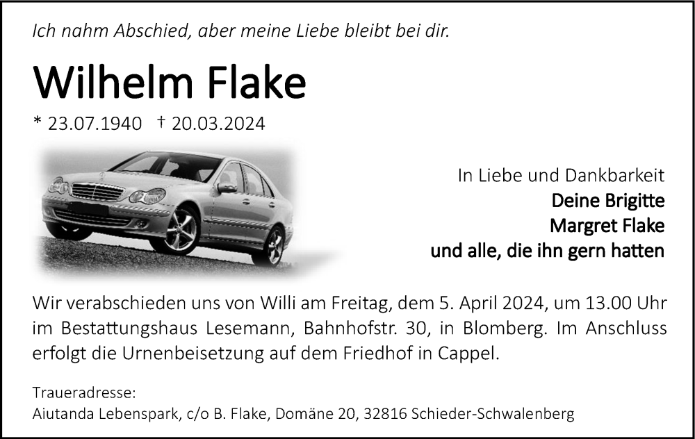  Traueranzeige für Wilhelm Flake vom 29.03.2024 aus Lippische Landes-Zeitung