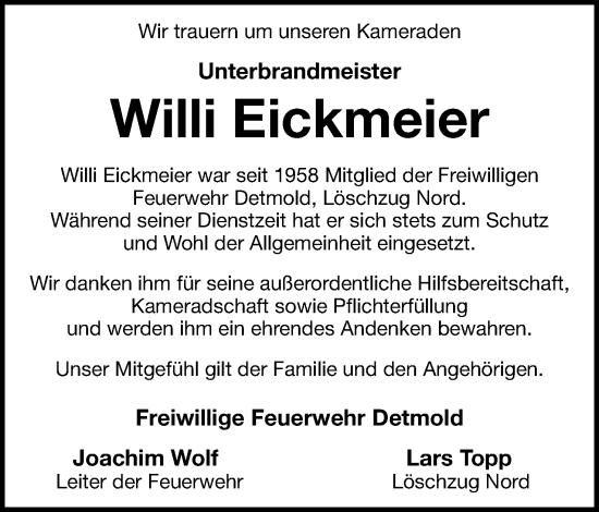 Anzeige  Willi Eickmeier  Lippische Landes-Zeitung