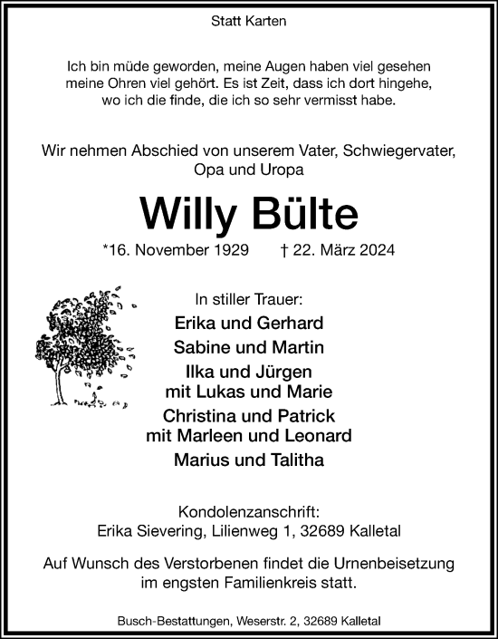 Anzeige  Willy Bülte  Lippische Landes-Zeitung