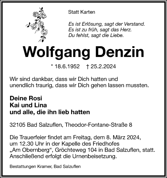 Anzeige  Wolfgang Denzin  Lippische Landes-Zeitung
