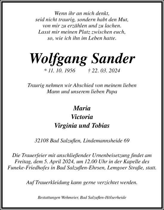 Anzeige  Wolfgang Sander  Lippische Landes-Zeitung