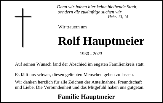 Anzeige  Rolf Hauptmeier 