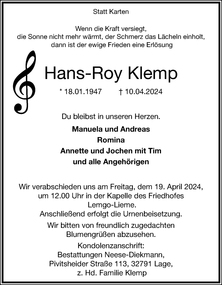  Traueranzeige für Hans-Roy Klemp vom 13.04.2024 aus Lippische Landes-Zeitung