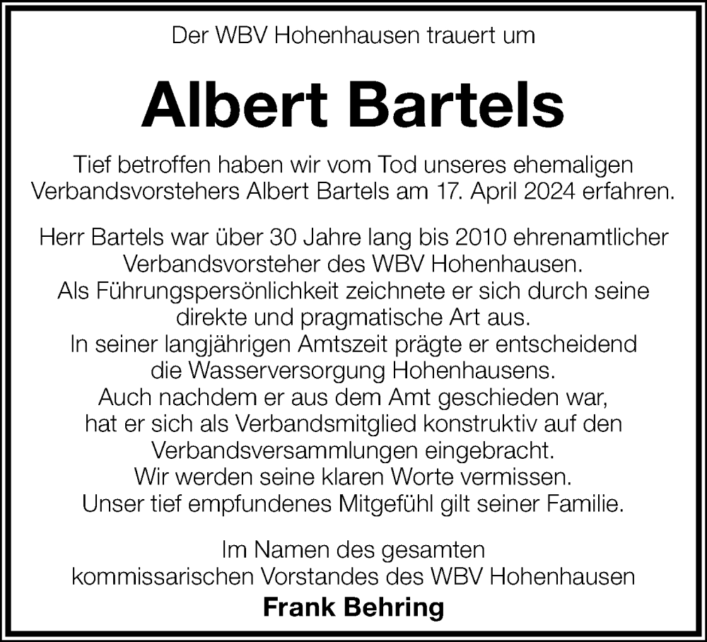  Traueranzeige für Albert Bartels vom 24.04.2024 aus Lippische Landes-Zeitung