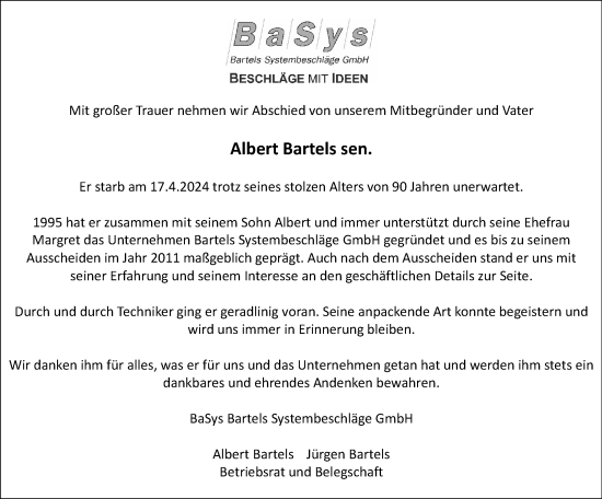 Anzeige  Albert Bartels  Lippische Landes-Zeitung