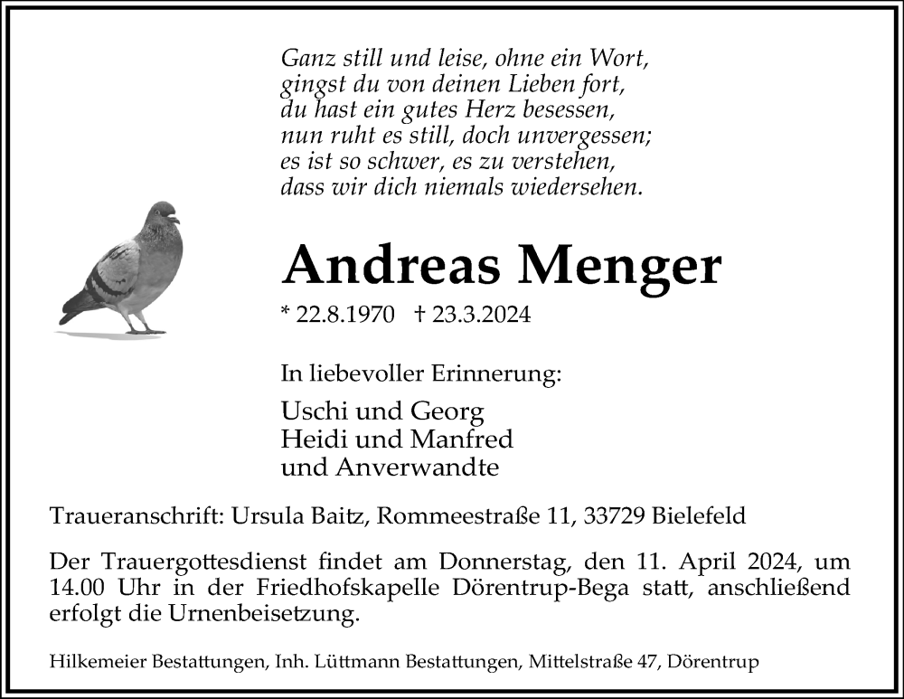  Traueranzeige für Andreas Menger vom 06.04.2024 aus Lippische Landes-Zeitung