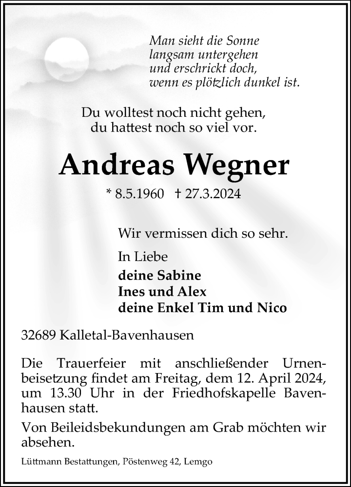  Traueranzeige für Andreas Wegner vom 06.04.2024 aus Lippische Landes-Zeitung