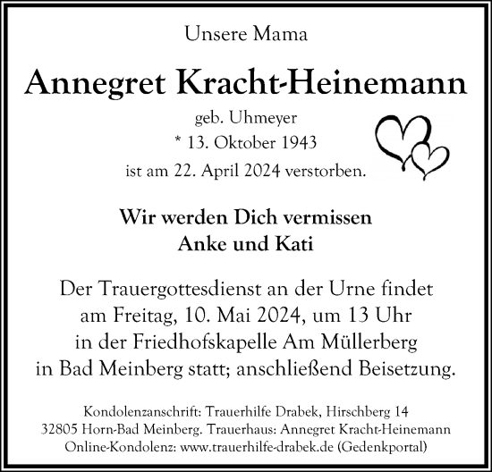 Anzeige  Annegret Kracht-Heinemann  Lippische Landes-Zeitung