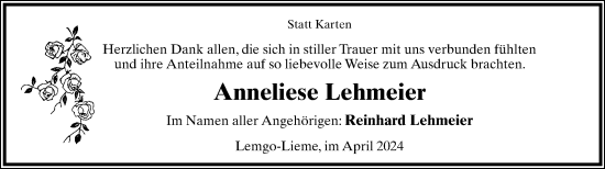 Anzeige  Anneliese Lehmeier  Lippische Landes-Zeitung