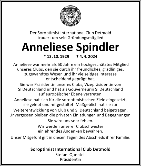 Anzeige  Anneliese Spindler  Lippische Landes-Zeitung