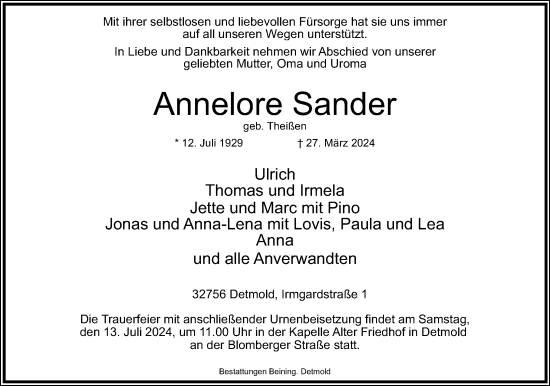 Anzeige  Annelore Sander  Lippische Landes-Zeitung
