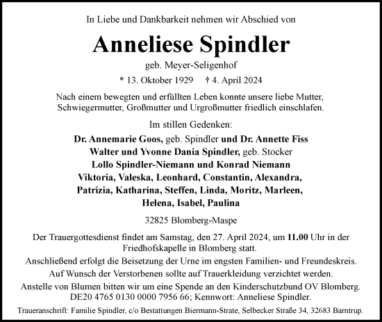 Anzeige  Anneliese Spindler  Lippische Landes-Zeitung