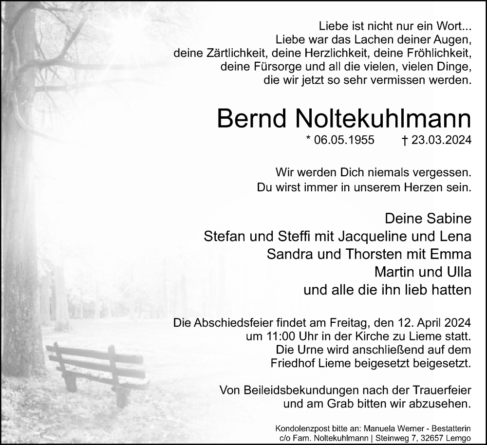  Traueranzeige für Bernd Noltekuhlmann vom 06.04.2024 aus Lippische Landes-Zeitung