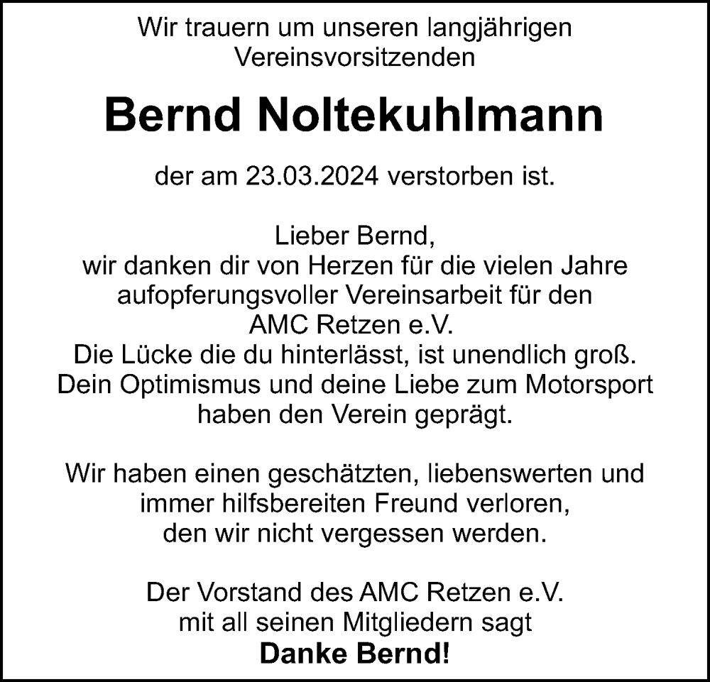  Traueranzeige für Bernd Noltekuhlmann vom 06.04.2024 aus Lippische Landes-Zeitung
