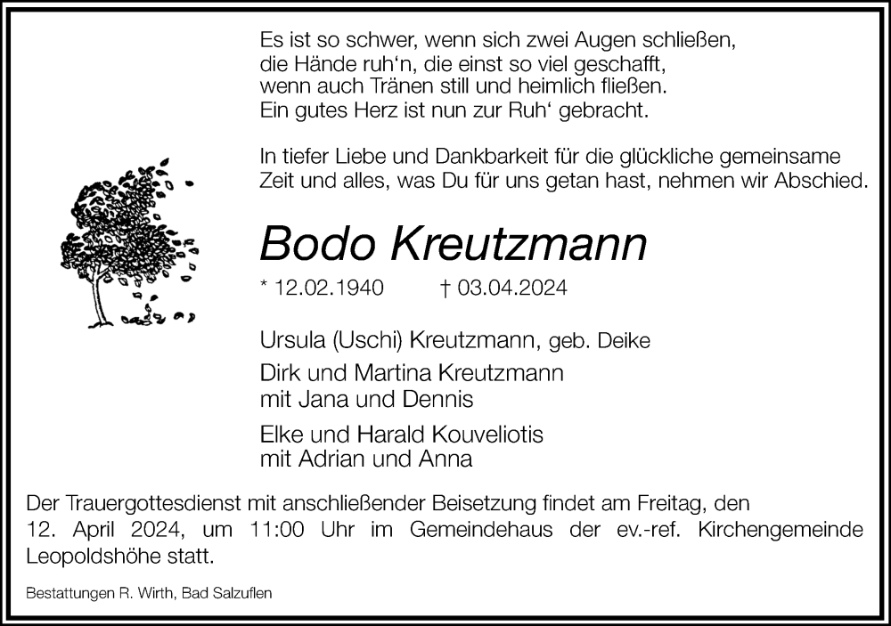  Traueranzeige für Bodo Kreutzmann vom 10.04.2024 aus Lippische Landes-Zeitung