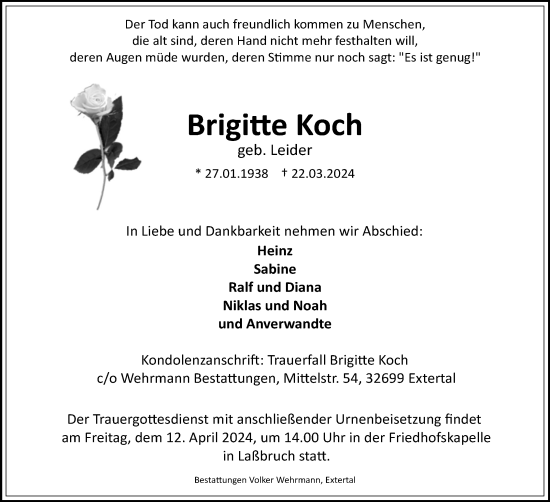 Anzeige  Brigitte Koch  Lippische Landes-Zeitung