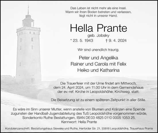 Anzeige  Hella Prante  Lippische Landes-Zeitung
