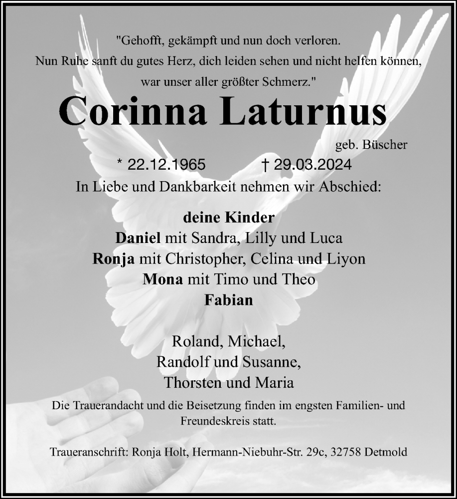  Traueranzeige für Corinna Laturnus vom 06.04.2024 aus Lippische Landes-Zeitung