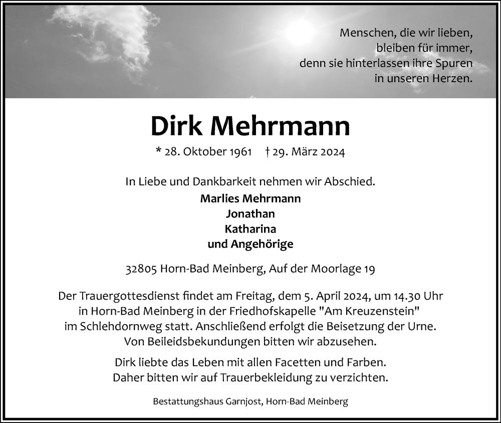  Traueranzeige für Dirk Mehrmann vom 03.04.2024 aus Lippische Landes-Zeitung