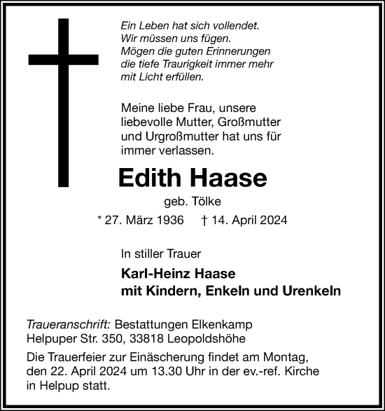 Anzeige  Edith Haase  Lippische Landes-Zeitung