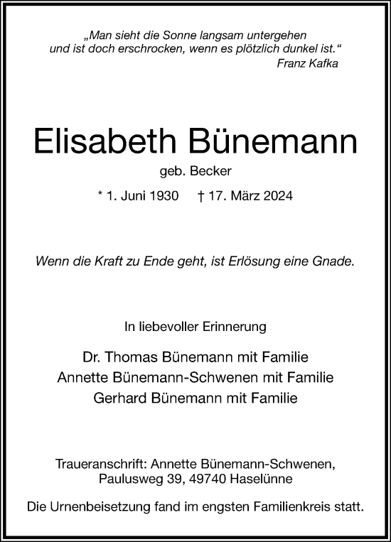 Anzeige  Elisabeth Bünemann  Lippische Landes-Zeitung