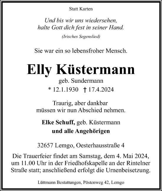 Anzeige  Elly Küstermann  Lippische Landes-Zeitung