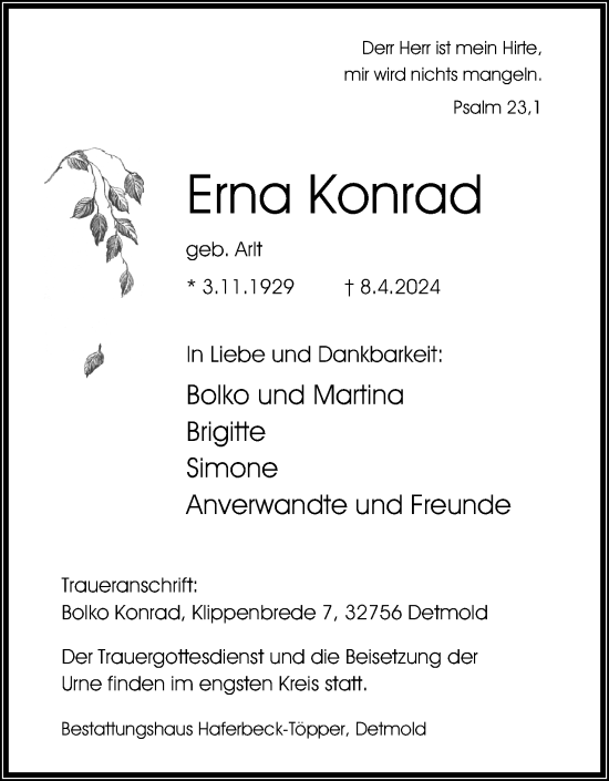 Anzeige  Erna Konrad  Lippische Landes-Zeitung
